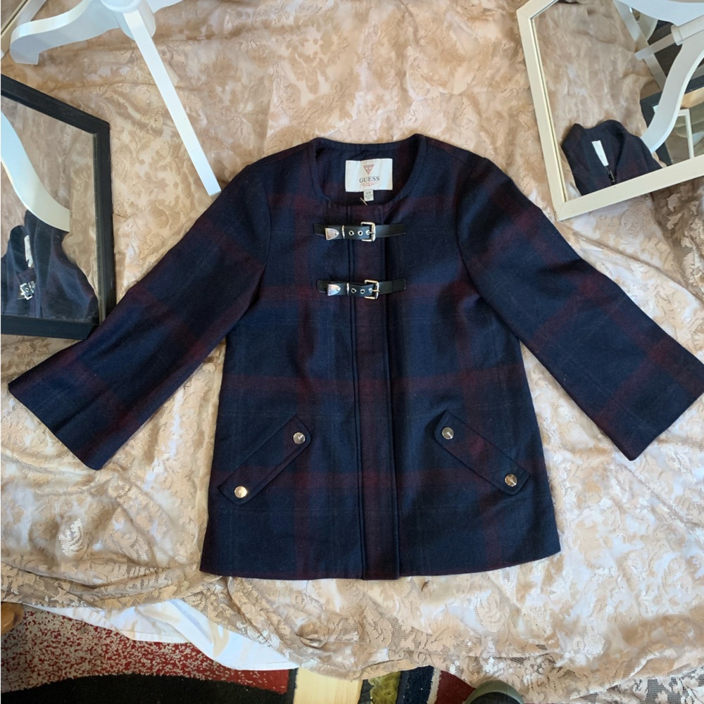 Vintage Guess LA Wool Shacket Navy Plaid Jacket Preppy Twee Coquette XS Cape - Picture 6 of 14